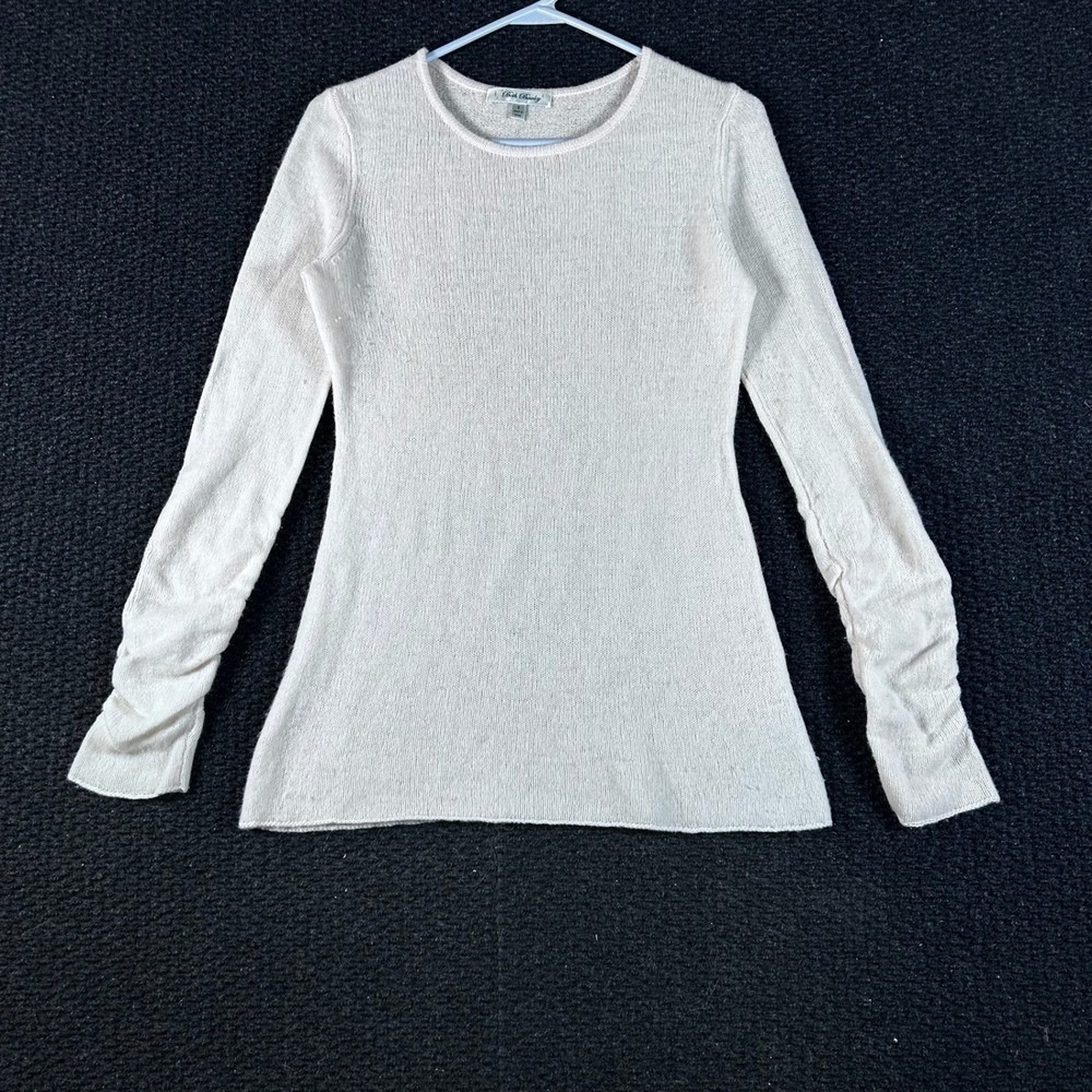 Beth Bowley Cream Knit Long Sleeve Ruched Sleeve Sweater Small Ivory Crew Neck